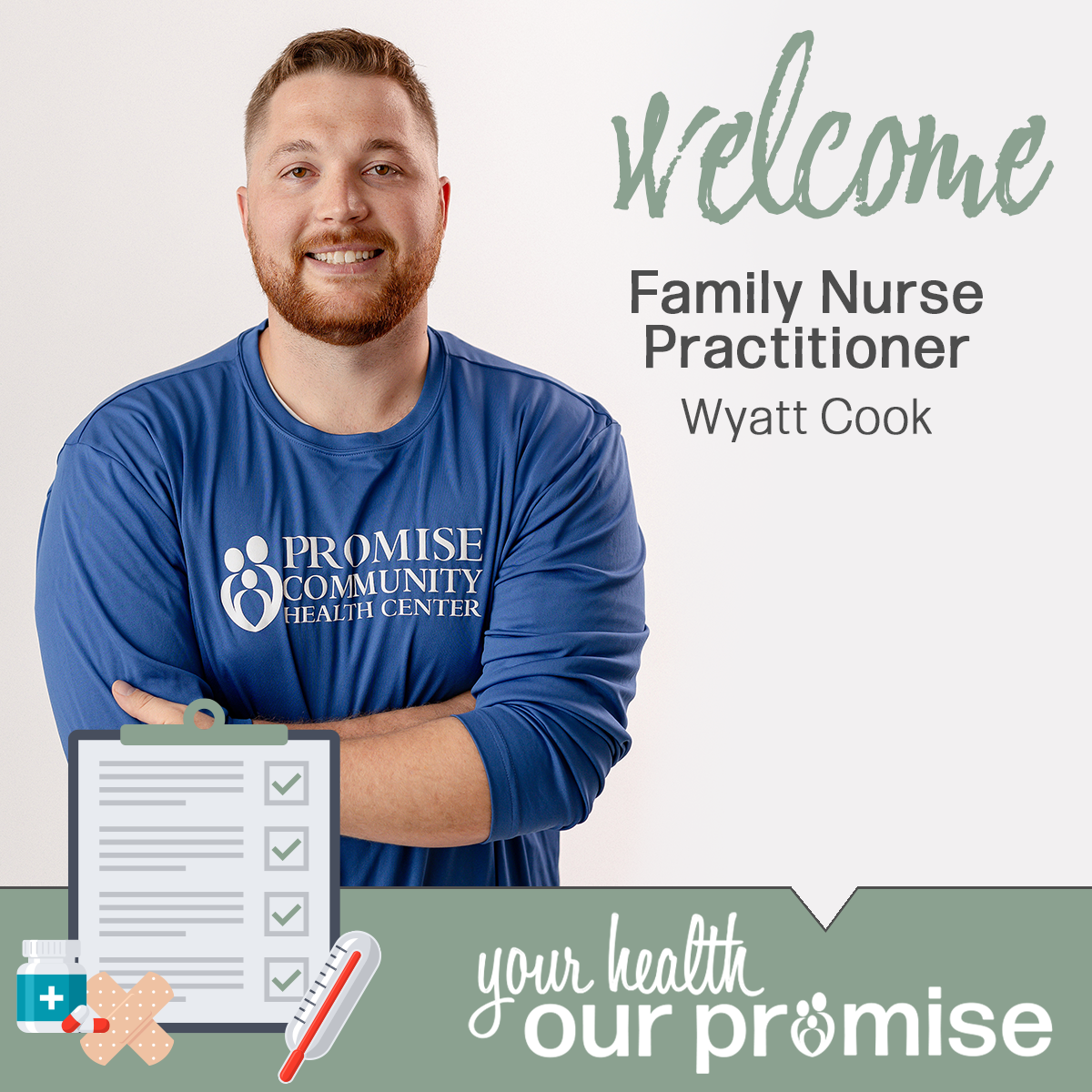 Family Nurse Practitioner, Wyatt Cook | Promise Community Health Center in Sioux Center, Iowa | Promise offers medical care, prenatal care, behavioral healthcare, population health care as well as dental and vision care,  nurse health coaching, clinical pharmacy and affordable medications, lab services and immunizations, interpretation and translation, and various other services.