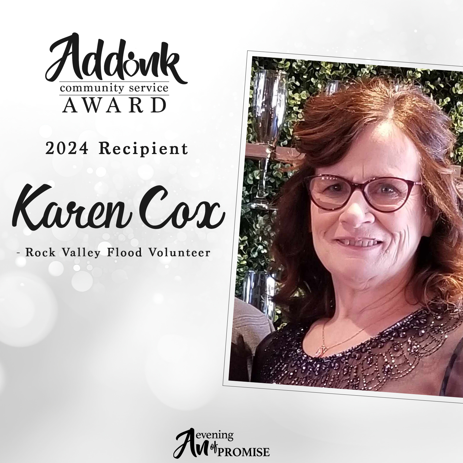 Karen Cox 2024 Addink Service Award | Promise Community Health Center in Sioux Center, Iowa | Federally Qualified Health Center serving Rock Valley, Hull, Boyden, Sheldon, LeMars, Rock Rapids, Hawarden, Orange City, Alton, Granville, Hospers, Ireton Iowa