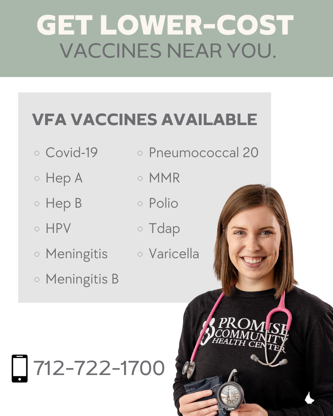 Promise Community Health Center in Sioux Center, Iowa. Promise participates in the Iowa Vaccines for Adults (VFA) Program that offers lower cost vaccines to eligible adults 19 years of age and older! Promise Community Health Center in Sioux Center, Iowa. Promise participates in the Iowa Vaccines for Adults (VFA) Program that offers lower cost vaccines to eligible adults 19 years of age and older!